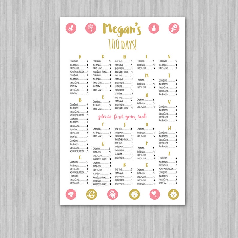 Digital File Colors Available Printable Baby Shower and Birthday Seating Chart Pink /& Gold