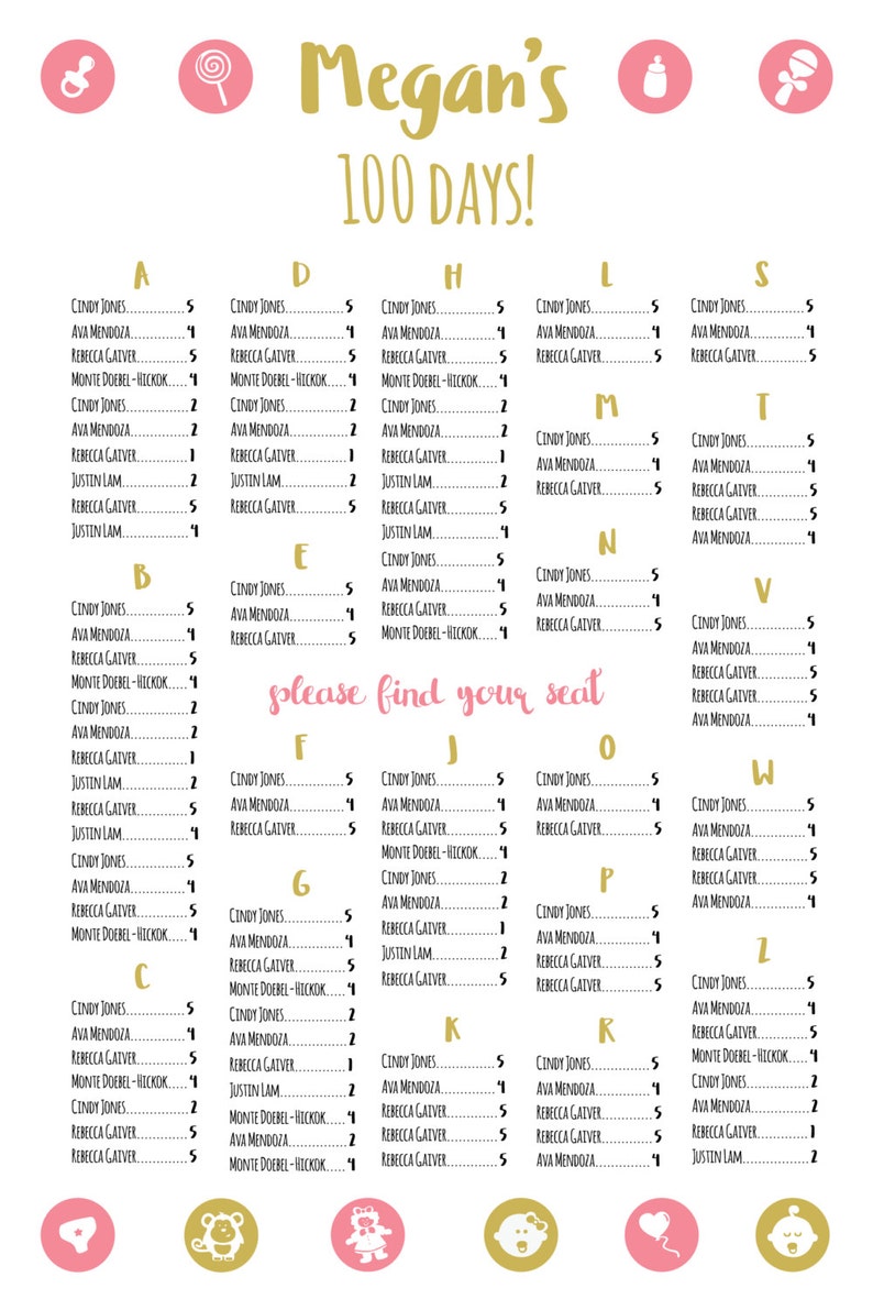 Digital File Colors Available Printable Baby Shower and Birthday Seating Chart Pink /& Gold