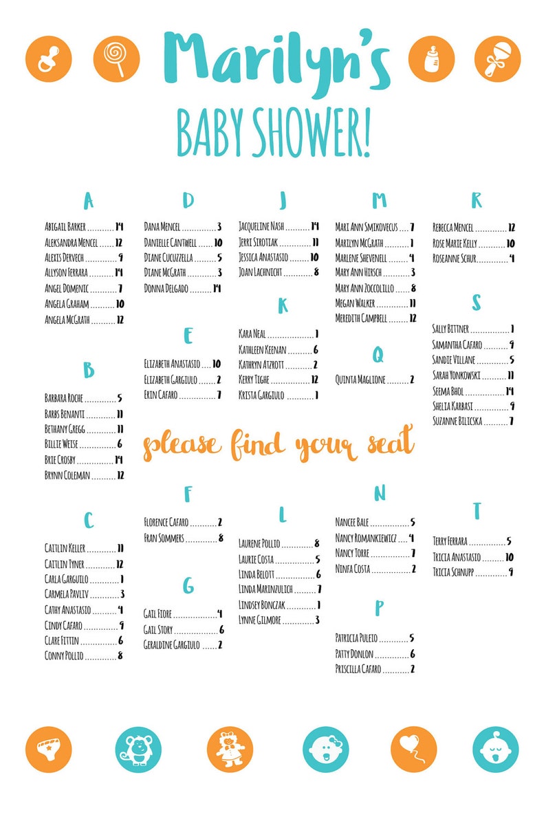 Digital File Colors Available Printable Baby Shower and Birthday Seating Chart Pink /& Gold