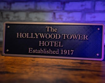 Hollywood Tower Hotel Replica Sign – 3D Printed Plaque | Tower of Terror Inspired Wall Decor | 11&quot;x3.75&quot; | Gold, Bronze, or Silver Trim