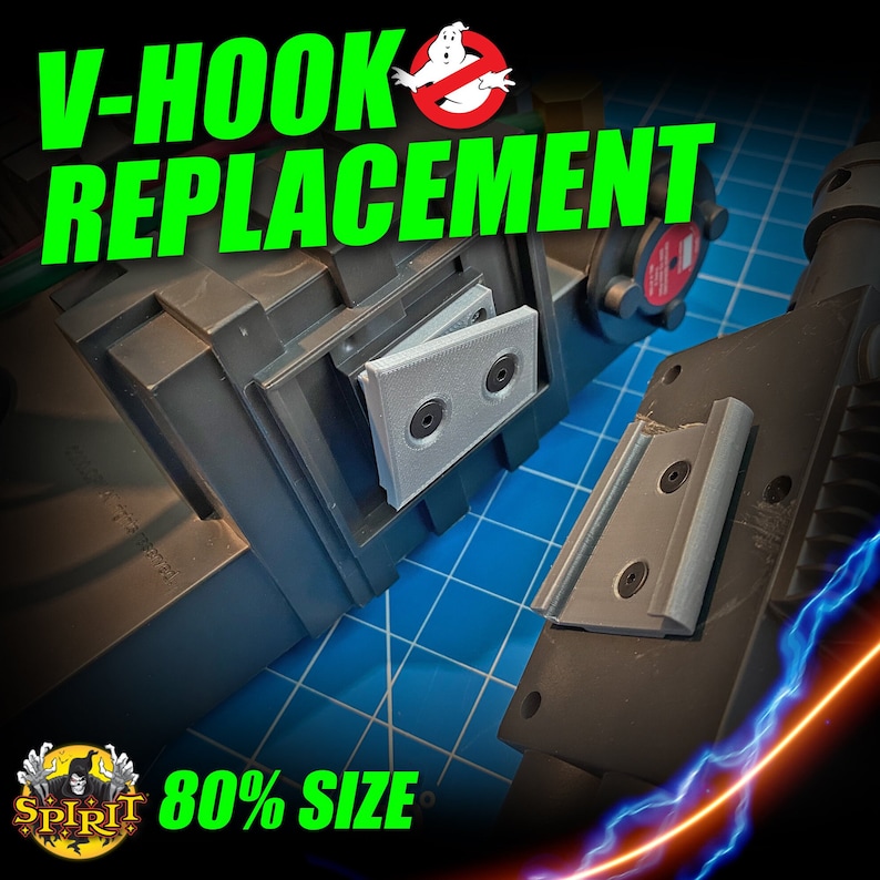May include: Two 3D printed gray plastic V-hook replacements for a Ghostbusters proton pack. The text "80% SIZE" is visible in the image.