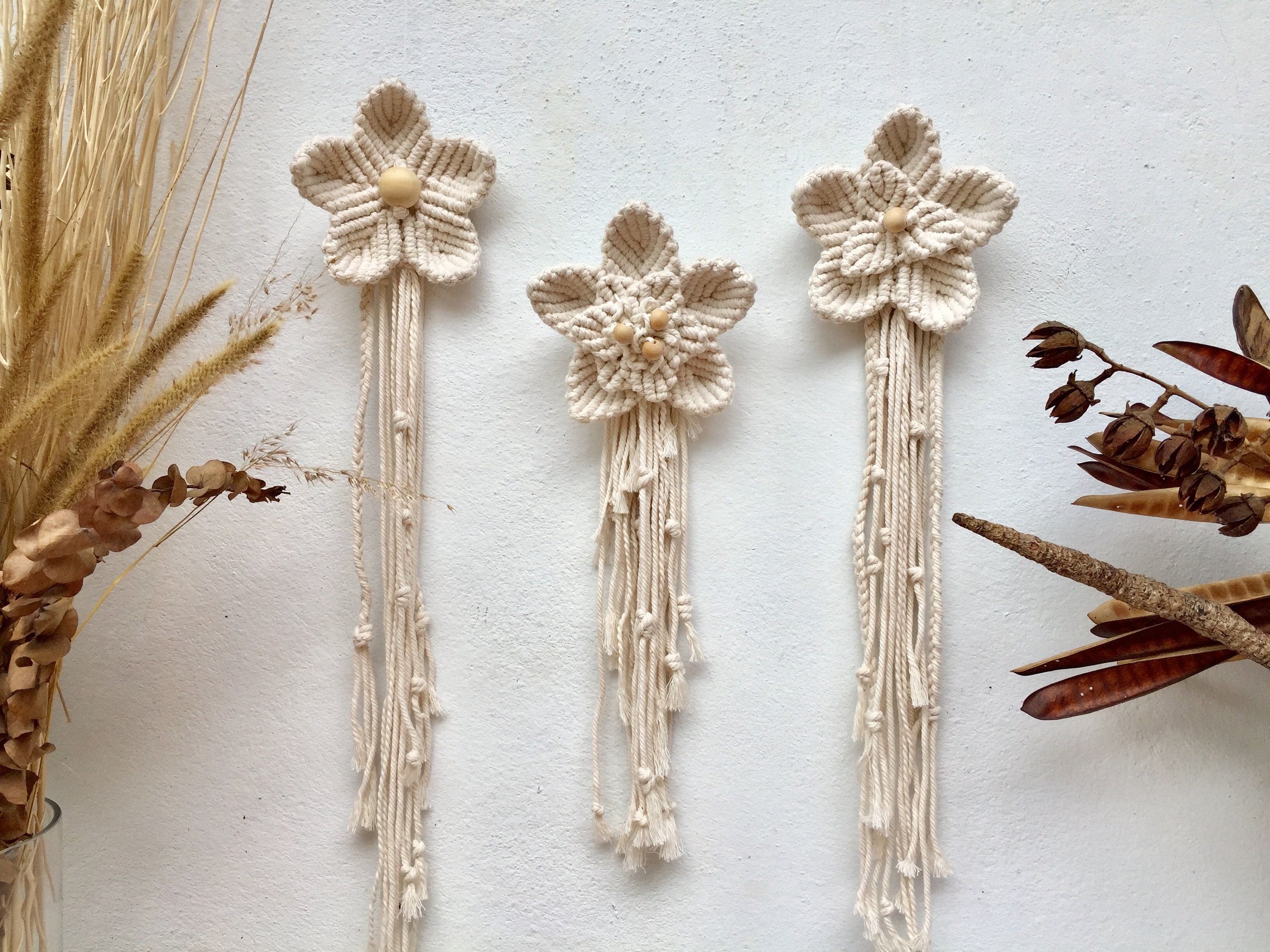 Hanging Flowers Wall decor Macrame flowers set of 3 Etsy