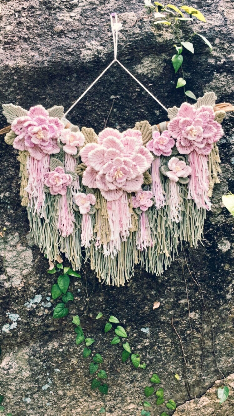 Macrame Wall Hanging Decor With Flowers Etsy