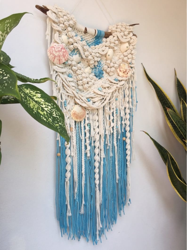 Large macrame wall hanging with beads and shells Coastal Etsy