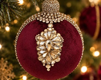 Double-Sided Crystal Burgundy Velvet Christmas Baubles, Christmas Ornament, 8 cm, Handmade Luxury Tree Decoration