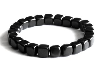 Shungiet armband 6 mm. Rekbare elastische koordarmband met kubusvormige kraal 4G 5G EMV-bescherming