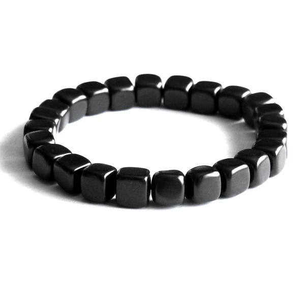 Pulsera de shungita de 6 mm. Pulsera elástica con cordón elástico y cuentas cúbicas. Protección contra campos electromagnéticos 4G y 5G.