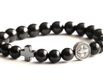 Shungite Rosary Bracelet - Stretch Bracelets, St Benedict & Hematite Cross