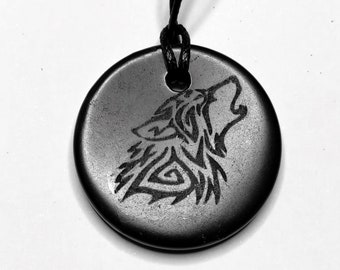 Shungite Pendant CELTIC WOLF Engraved Necklace EMF Healing & Protection