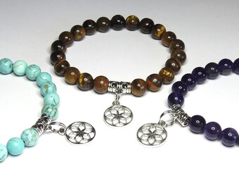 Natuursteen armband 8 mm kralen met Flower of Life-bedel - elastisch koord