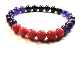 Pulsera de shungita, amatista y calcedonia. Atrae el amor, la suerte y protege. Cuentas de 8 mm.
