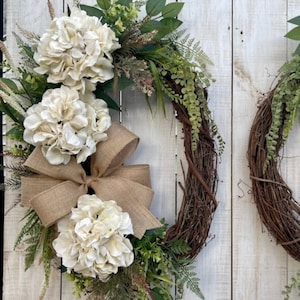 Slim 16&quot; Everyday wreath, farmhouse wreath, ivory off-white Hydrangea wreath, all season grapevine wreath, wreath for front door, narrow