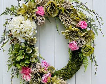 Hydrangea Peony Moss Wreath: Pink Green Farmhouse Decor