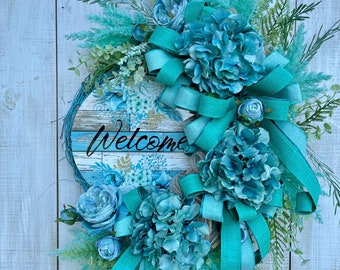 Nautical Welcome Wreath: Turquoise Hydrangeas, Coastal Beach Decor