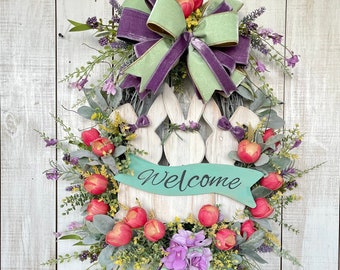 Easter Bunny Welcome Wreath: Turquoise Farmhouse Decor with Tulips
