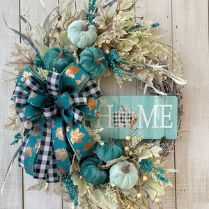 Fall Pumpkin Wreath, Thanksgiving Autumn Teal Mint buffalo plaid Pumpkin Farmhouse decor for front door home porch, Home sign black white