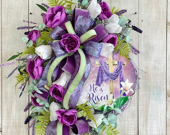 Easter Tulip Peony Wreath: He is Risen Religious Home Decor