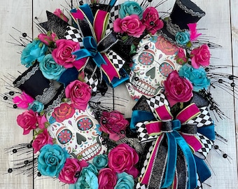 Day of the Dead Halloween sugar skull wreath for front door porch entryway entrance wall hanging home decor, Dia de los muertos