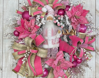 Winter Christmas Pink Santa Reindeer Poinsettia wreath for front door porch entrance entryway wall hanging home decor with velvet bows