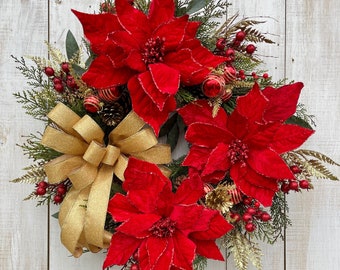 Winter Christmas Classic Traditional Red Gold  Poinsettia wreath for front door porch entrance entryway wall hanging home decor with bow