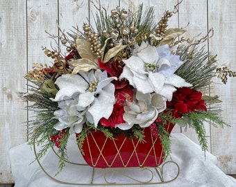 Traditional Christmas Sleigh Centerpiece Arrangement for dining or accent Table buffet mantle Holiday Decorating red gold white silver