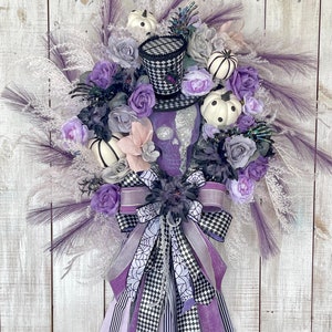 Halloween Skeleton Mr. Bones Skull Purple Wreath for your front door porch entrance wall hanging decor with top hat rag bow peonies pumpkins