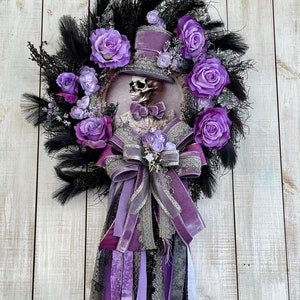 Halloween Skeleton Mr. Bones Day of the Dead Purple Wreath for your front door porch entrance wall hanging decor with top hat rag bow roses