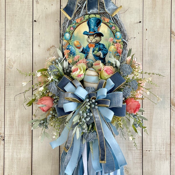 Easter Bunny Wreath: Blue Floral, Plaid Bow, Spring Decor