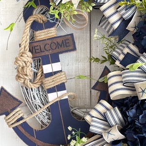 Anchor Nautical Coastal Beach Summer blue Welcome wreath for front porch entrance door wall hanging yacht Beach house home decor gift idea image 5