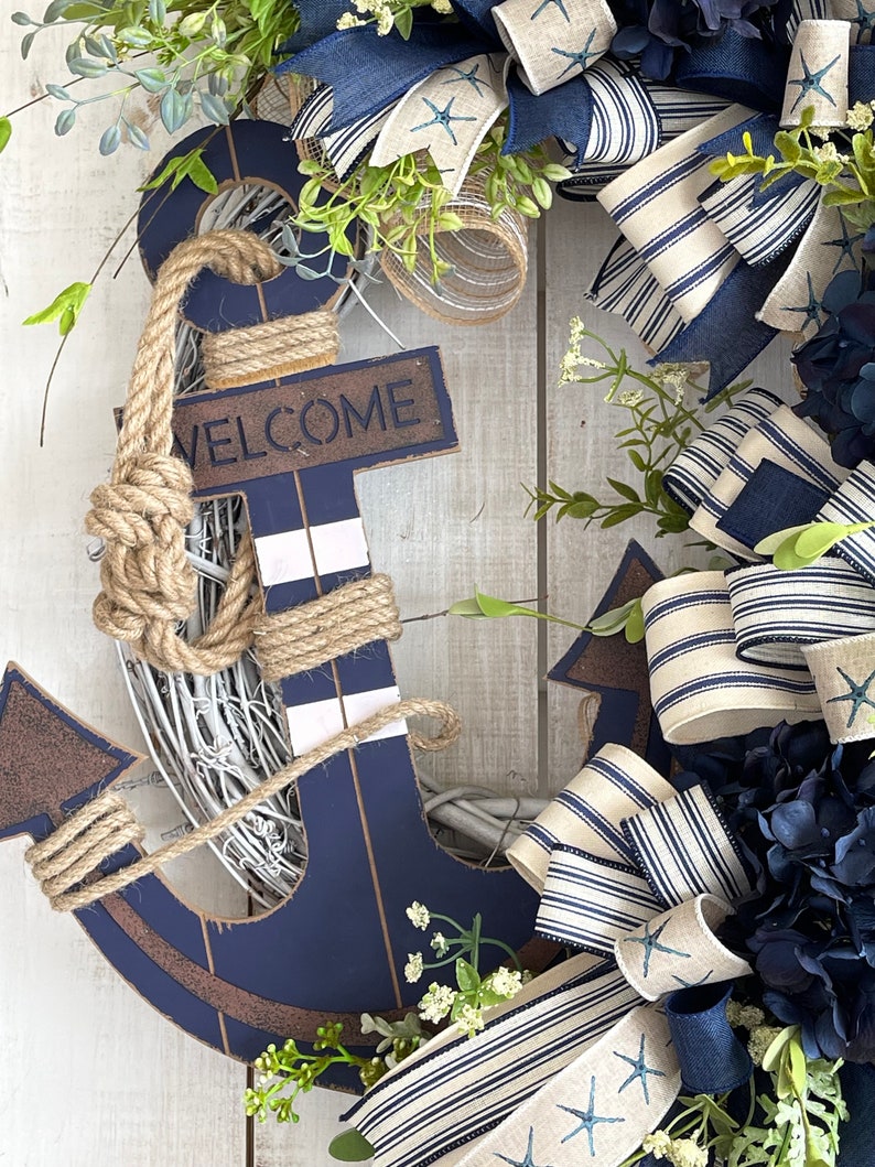 Anchor Nautical Coastal Beach Summer blue Welcome wreath for front porch entrance door wall hanging yacht Beach house home decor gift idea image 6