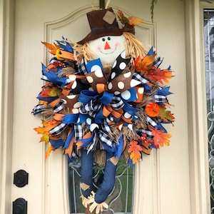 Large Scarecrow Fall Thanksgiving Autumn Farmhouse Wreaths for front door porch entryway entrance wall hanging home decor mesh ribbon Bow