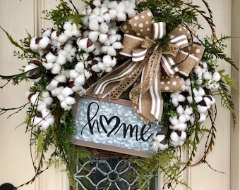 Cotton Wreaths for Front Door with Welcome or Home sign and decorative Burlap Bow Year Round door decor for home or business wall hanging