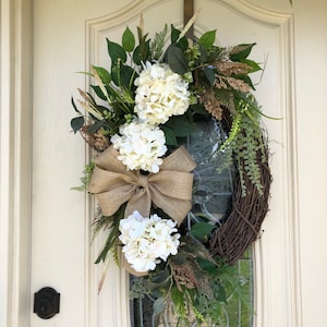 Slim 16&quot; Everyday wreath, farmhouse wreath, ivory off-white Hydrangea wreath, all season grapevine wreath, wreath for front door, narrow