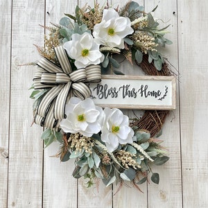 Magnolia Grapevine Wreath: Farmhouse Bless This House Front Door Decor