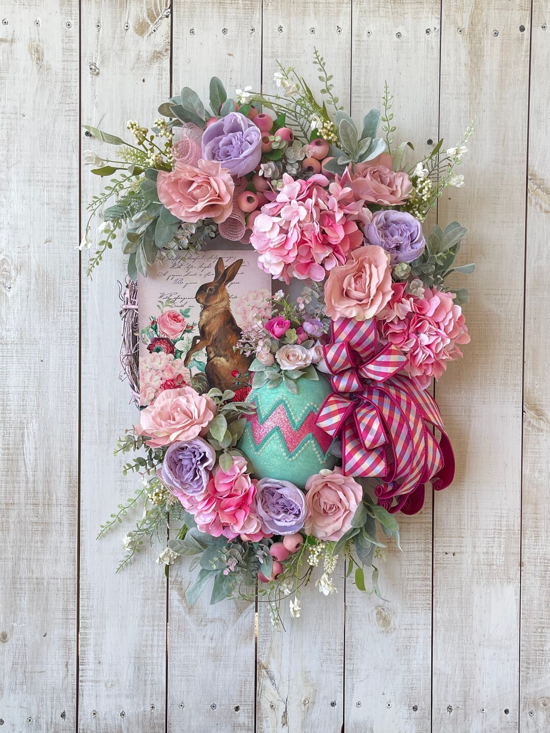 Easter Spring Bunny Egg Floral Wreath With Bow for Front Door Porch ...