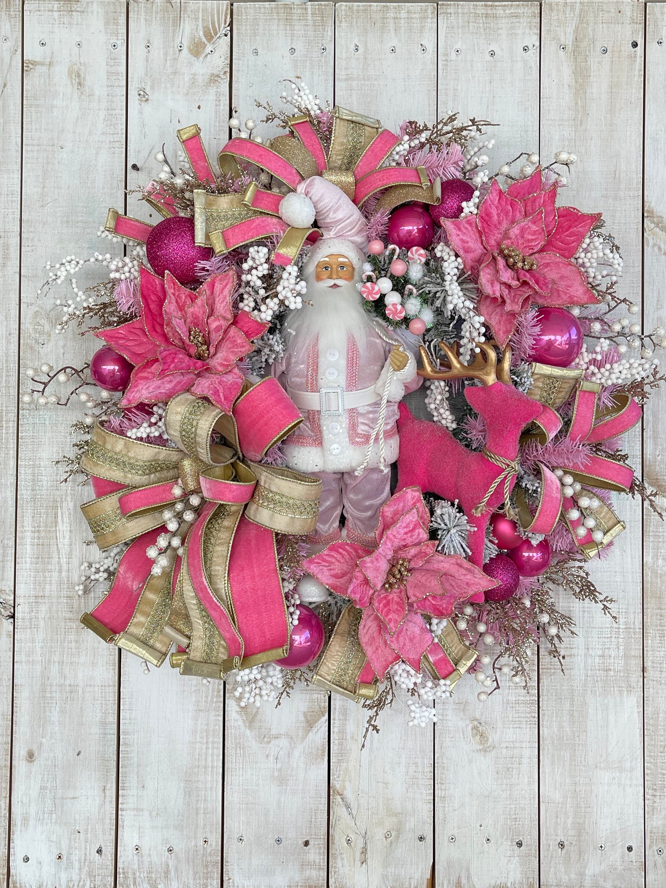 Pink Christmas Wreath: Santa, Reindeer, Poinsettia & Velvet Bows