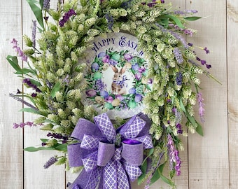 Easter Spring lavender mint green bunny sign farmhouse wreath with Bow for your front door porch entrance wall hanging holiday decorations
