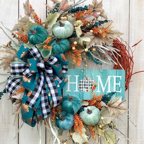 Fall Pumpkin Wreath, Thanksgiving Autumn Teal Mint buffalo plaid Pumpkin Farmhouse decor for front door home porch, Home sign black white