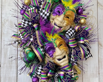 Mardi Gras Mask Swag wreath for front door porch entrance entryway wall hanging home decor purple green gold New Orleans French Quarter
