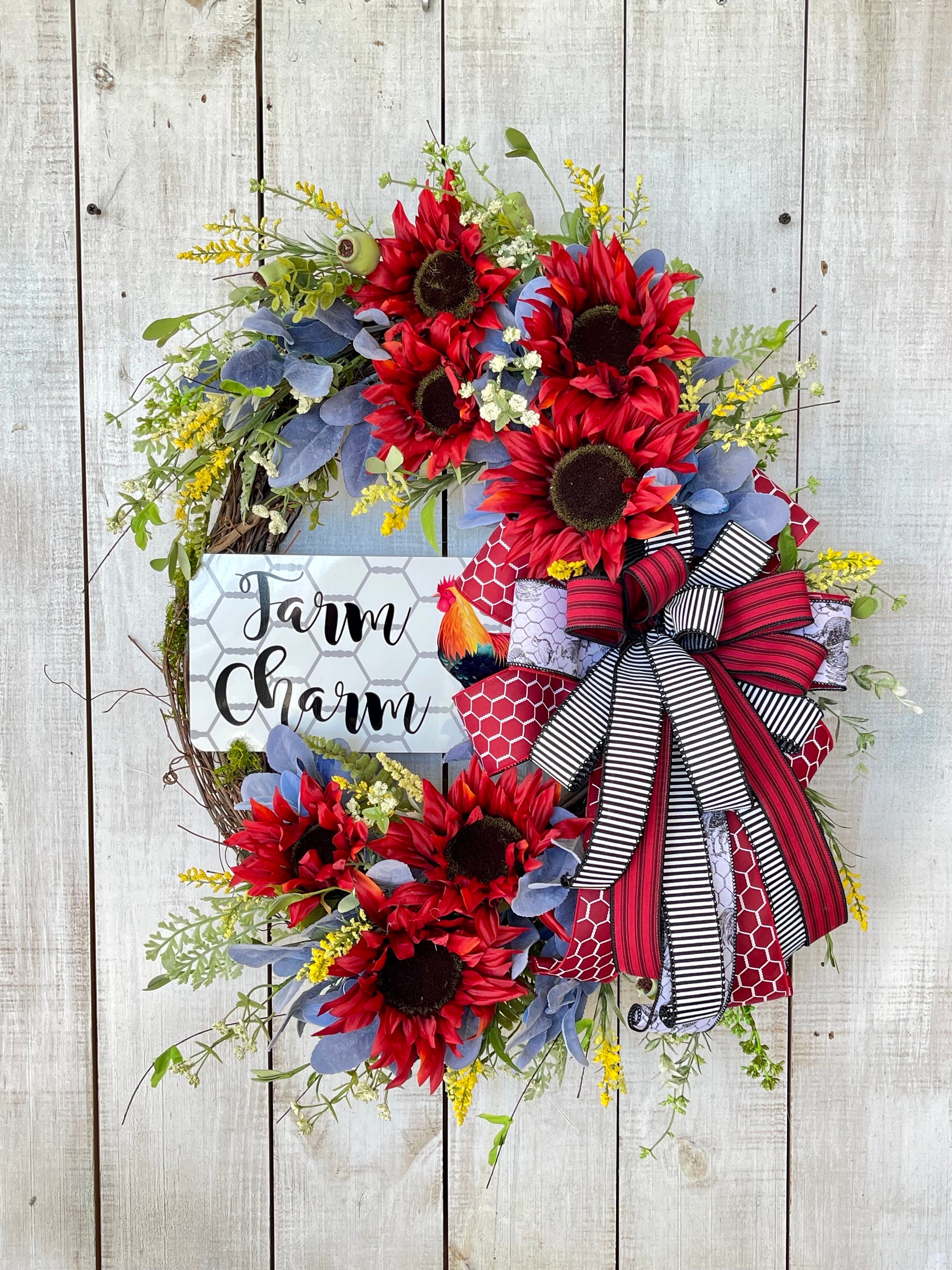 Red Sunflower Rooster Wreath: Farmhouse Front Door Decor - Etsy