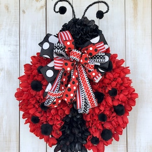 Ladybug wreath Red Tulip everyday all season spring or summer door hanger farmhouse decor for front door Home Business or gift idea