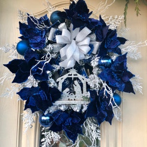 Christmas Nativity Wreath Blue Poinsettias Holiday Wreath - Etsy