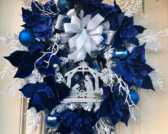 Blue Poinsettia Christmas Nativity Wreath: Holiday Front Door Decor