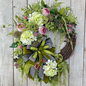 Everyday All Seasons Spring Summer Green Pink Peony Hydrangea wreath with Bow for front door porch entrance wall hanging gift wedding decor