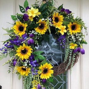 Sunflower wreath, everyday wreath, all season wreath, spring wreath, summer wreath, wreath for front door, purple & gold sunflower wreath