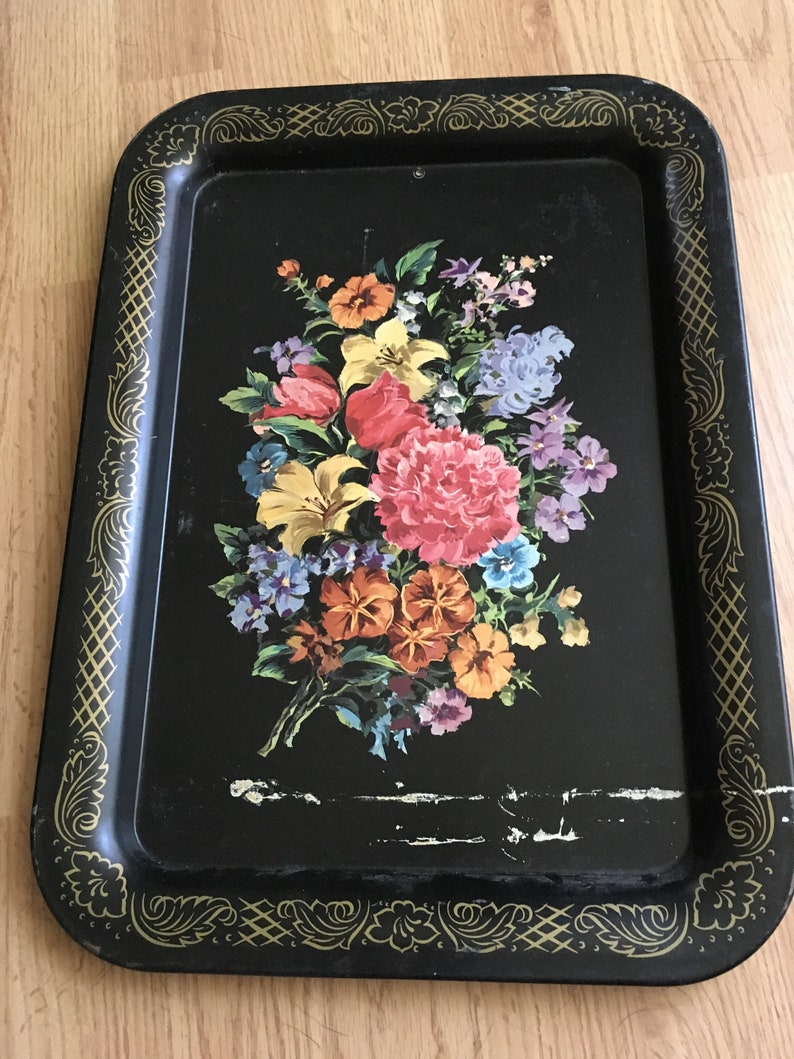 Black Flowered Tin Metal Tray Or Wall Hanging