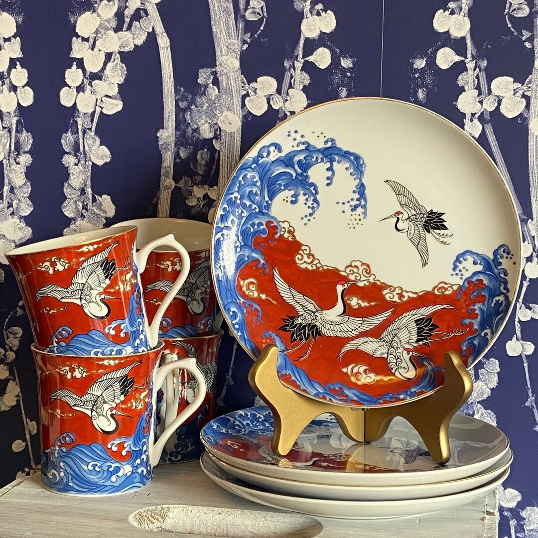Vintage Japanese Tea Cup and Saucer Set for 4 With Cranes and Waves Tea