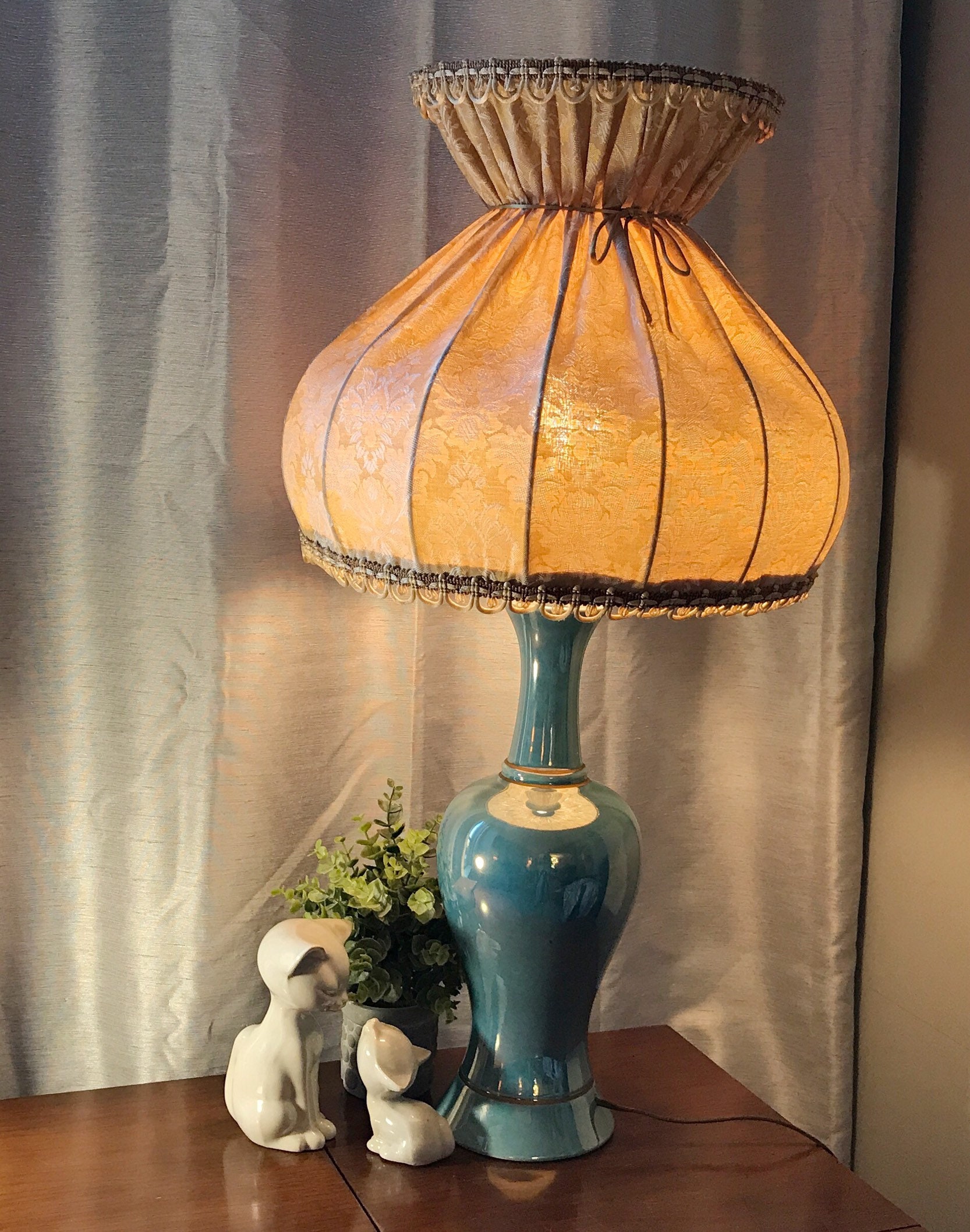 Vintage Reware Blue Lamp W Victorian Shade Iridescent
