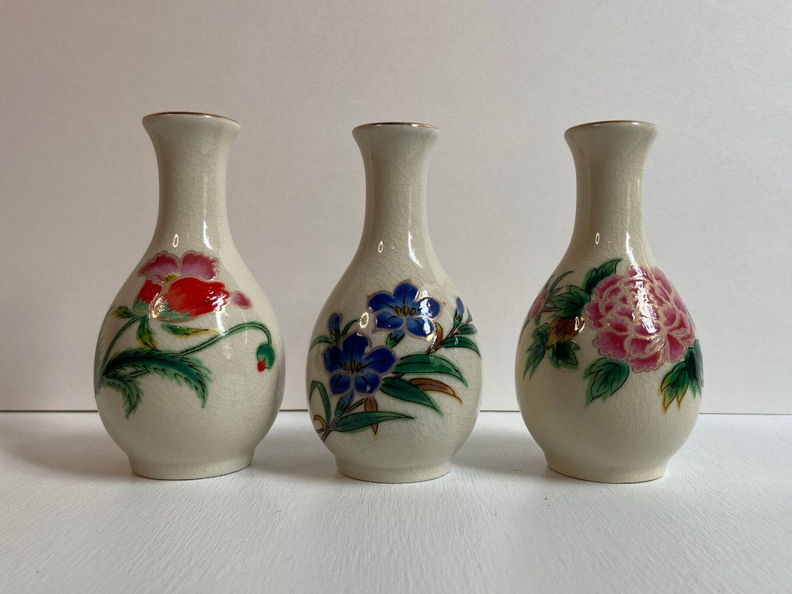 Vintage Japanese Bud Vase Set of Three Japanese Kutani Flower Vase Trio