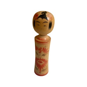 Japanese Wooden Kokeshi Doll | Signed Toshie 1977 Japanese Kokeshi Doll Hand Painted and Carved | Vintage Japanese Wooden Doll